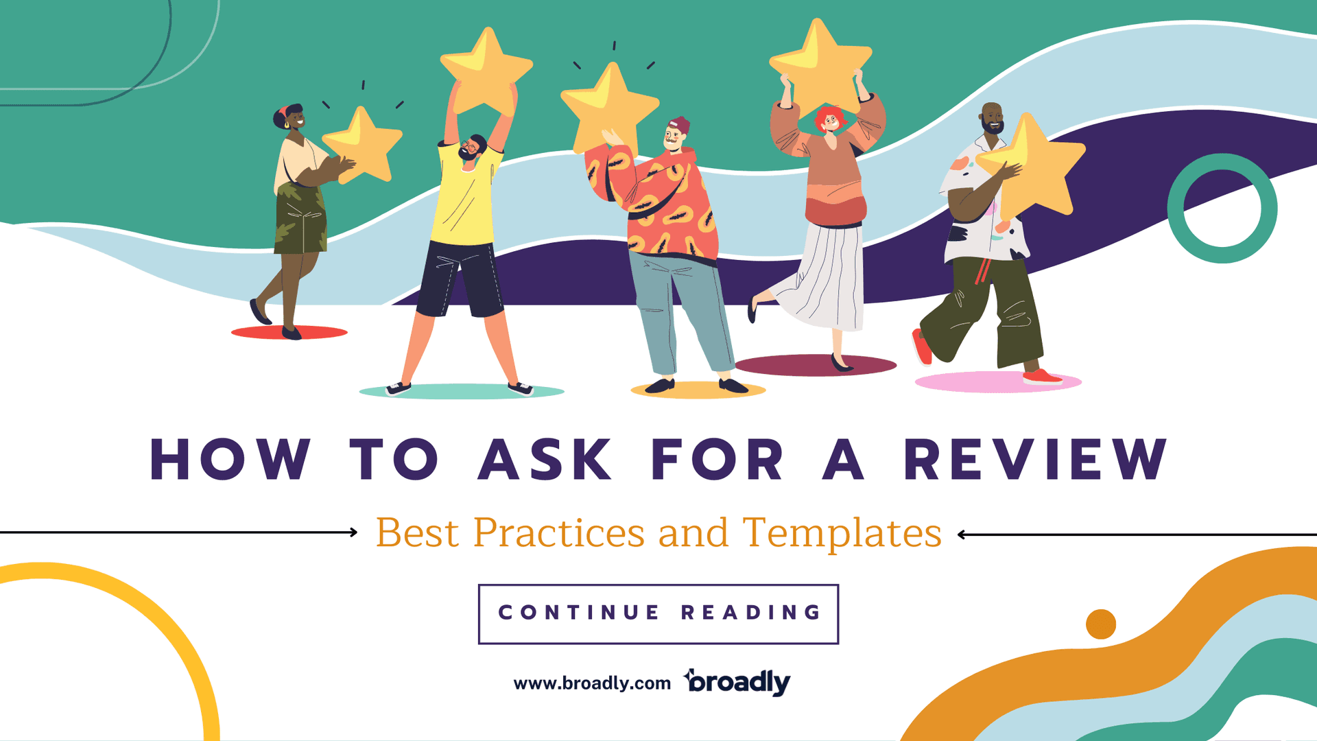 Illustration for blog post 'How to Ask for a Review: Best Practices and Templates' showing five people holding stars